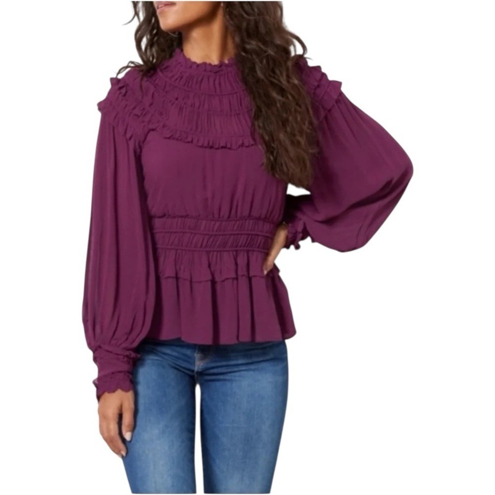 FARM RIO Ruffled Pleated Burgundy Purple Peplum Blouse Sheer Sleeve Top XS